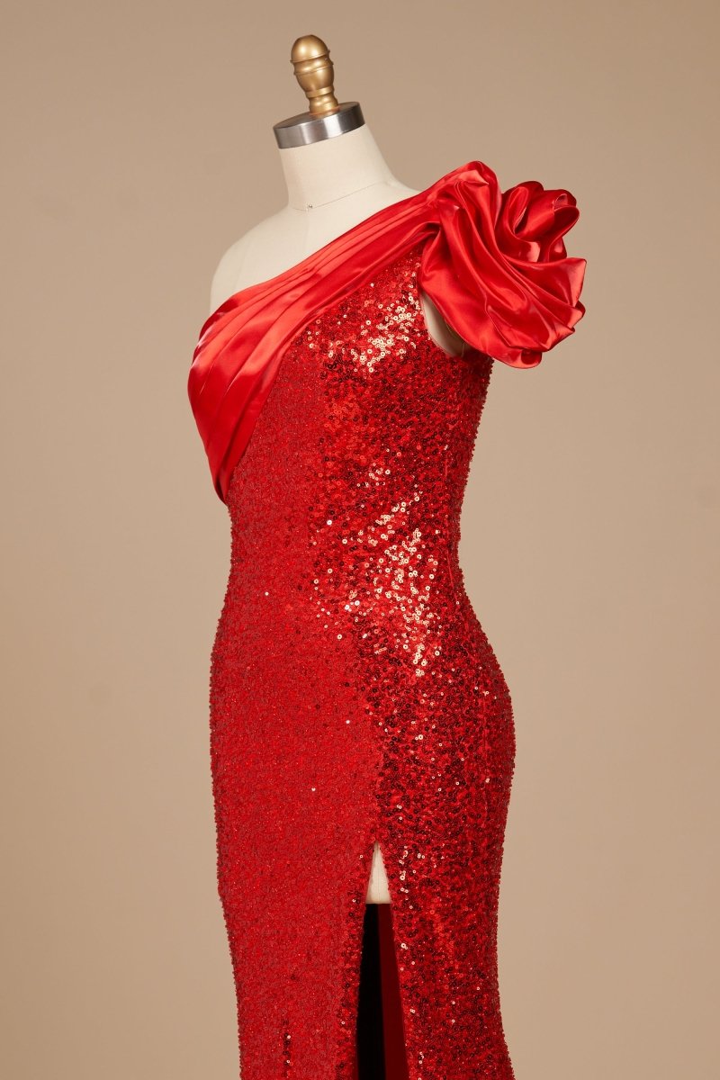 Asymmetrical-Neck Sleeveless Party Gowns One-Strap Fully Sequined Satin Mermaid Prom Dress with Slit