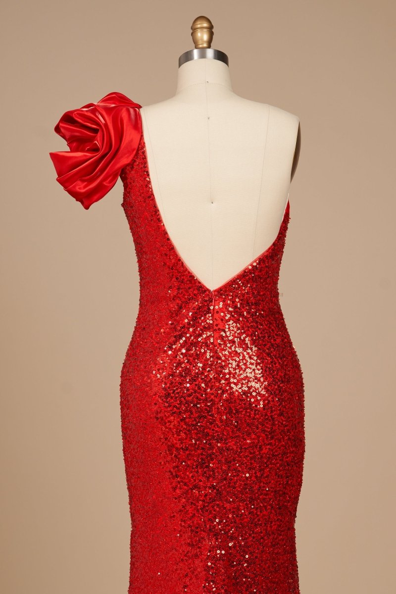 Asymmetrical-Neck Sleeveless Party Gowns One-Strap Fully Sequined Satin Mermaid Prom Dress with Slit