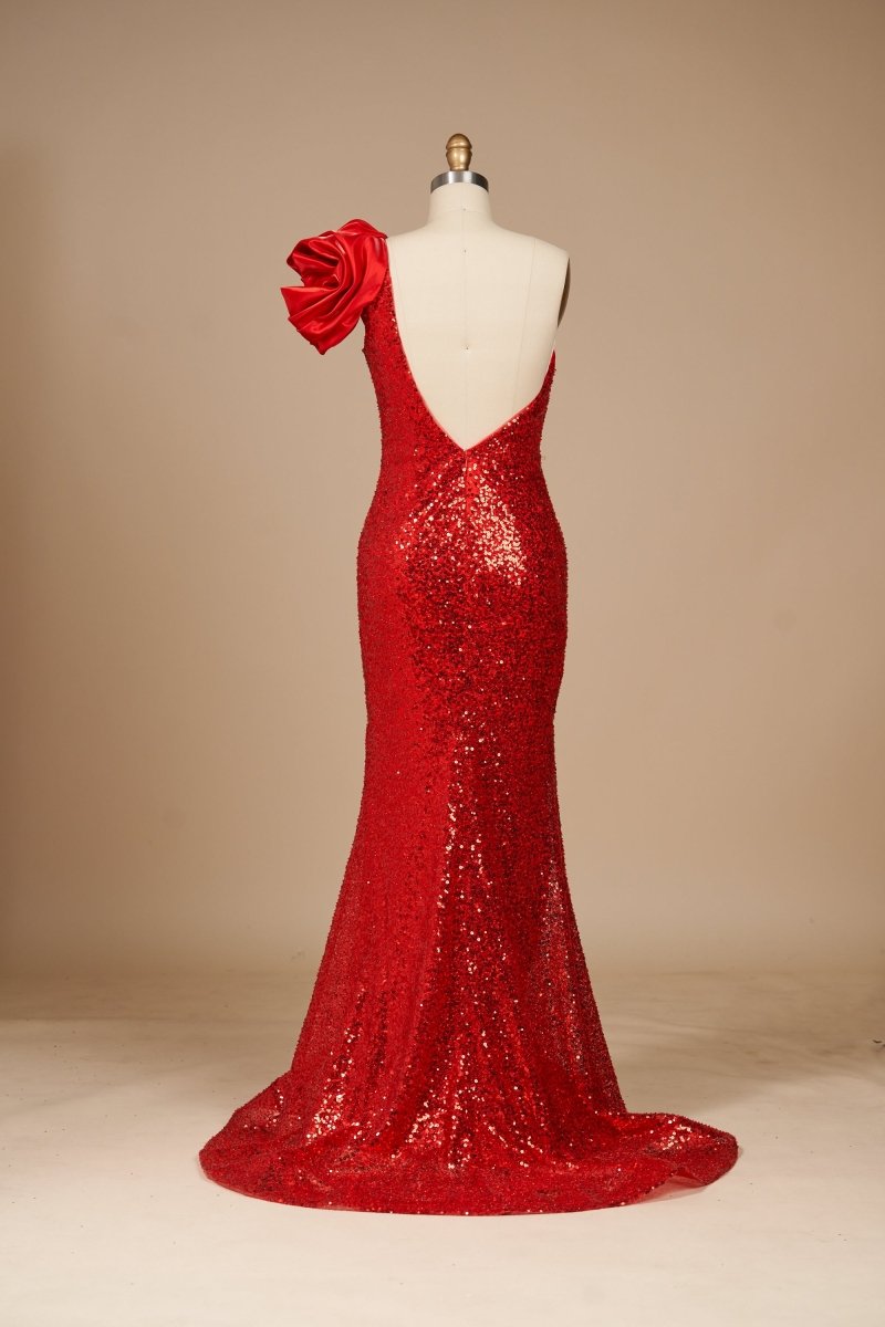 Asymmetrical-Neck Sleeveless Party Gowns One-Strap Fully Sequined Satin Mermaid Prom Dress with Slit