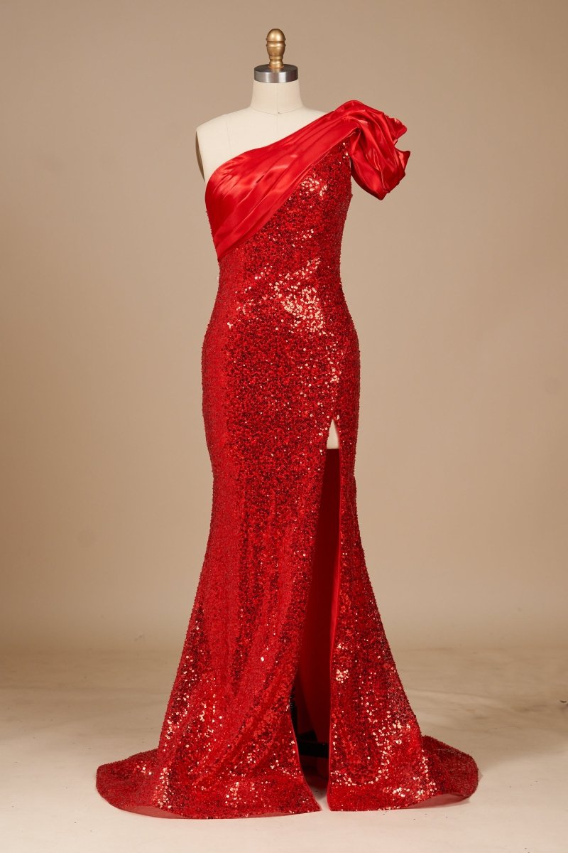 Asymmetrical-Neck Sleeveless Party Gowns One-Strap Fully Sequined Satin Mermaid Prom Dress with Slit