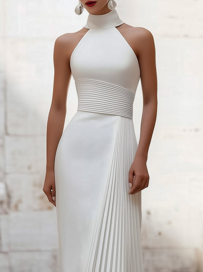 Halter-Neck Sleeveless Satin Pleated Floor-Length Simple Mermaid Evening Dress
