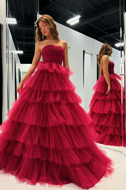 Tube Top Off-Shoulder Sleeveless Party Gowns Tulle Pleated Tiered A-Line Prom Dress