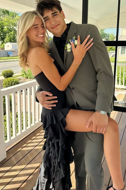 Sheath Strapless Chiffon Long Prom Dresses With Ruffles