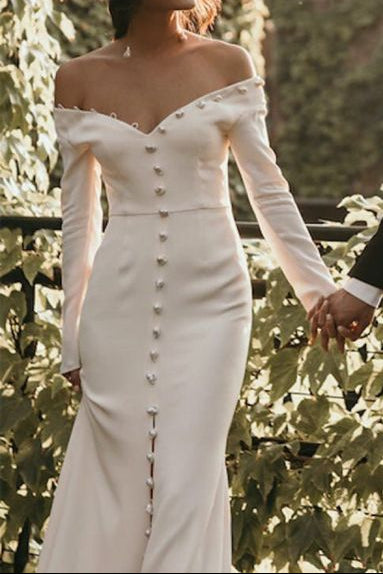 Off-Shoulder Sweetheart Long-Sleeves Satin Sweep Train Mermaid Wedding Dress