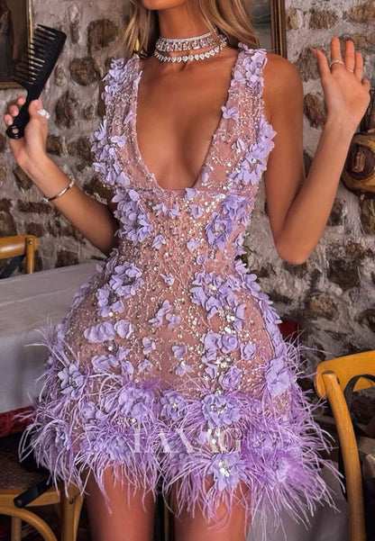 Deep V-Neck Straps Off-Shoulder Sequined Floral Embellished Mermaid Party Homecoming Dress