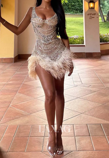 Scoop-Neck Straps Sleeveless Beaded Rhinestone Feathered Mermaid Party Homecoming Dress