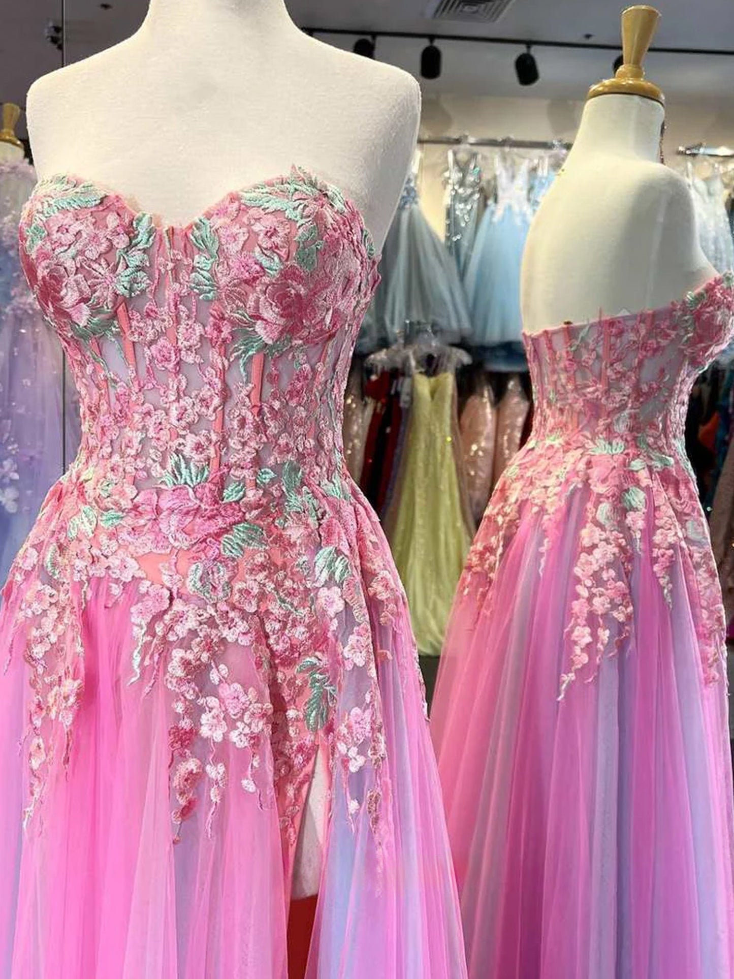 A-Line Sweetheart Pleated Tulle High Slit Party Gowns Off-Shoulder Sequined Applique Prom Dress