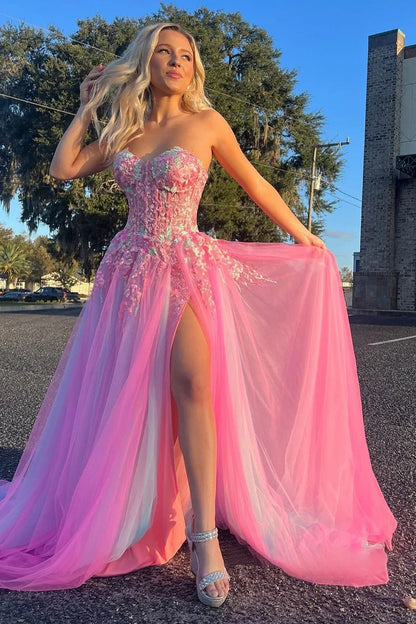 A-Line Sweetheart Pleated Tulle High Slit Party Gowns Off-Shoulder Sequined Applique Prom Dress