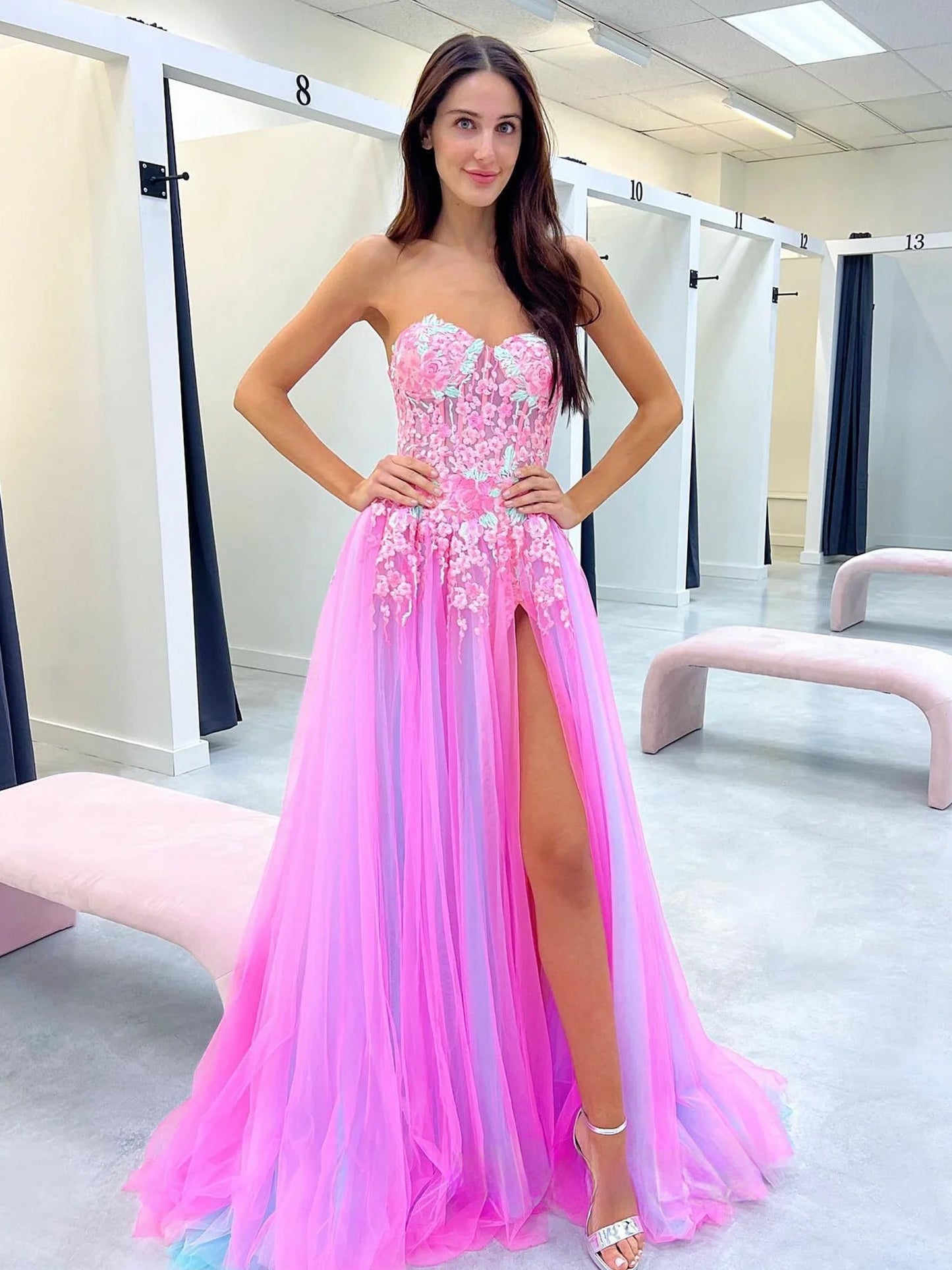 A-Line Sweetheart Pleated Tulle High Slit Party Gowns Off-Shoulder Sequined Applique Prom Dress