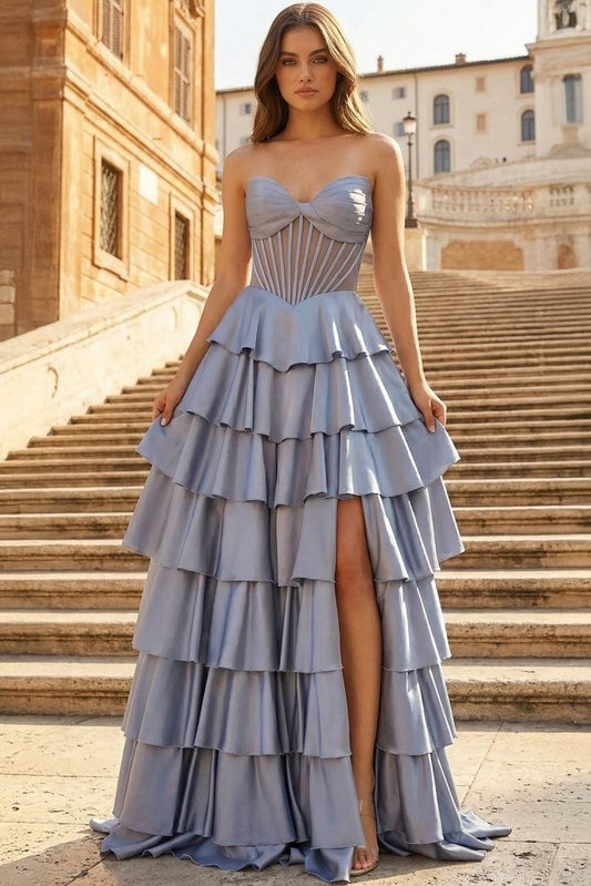 Sweetheart Sleeveless Stretch Satin Pleated Ruffled Tiered A Line Prom Dress with Slit
