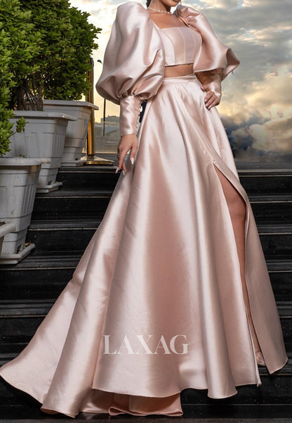 Square-Neck Puff-Sleeves A-Line Evening Dress Sweep Train Satin Formal Laxag Square-Neck Puff-Sleeves A-Line Evening Dress Sweep Train Satin Formal Laxag
