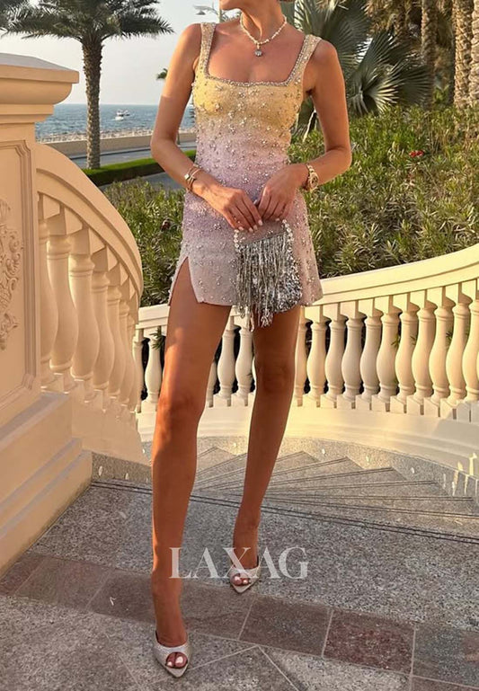 Square-Neck Straps Sleeveless Beaded Pearl Mermaid Party Homecoming Dress with Slit