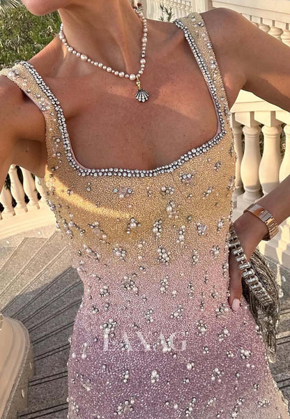 Square-Neck Straps Sleeveless Beaded Pearl Mermaid Party Homecoming Dress with Slit