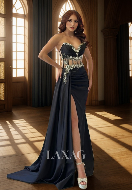 22114 - Sexy V-Neck Bone Bodice Beaded Draped Sleek Satin High Slit Prom Dress