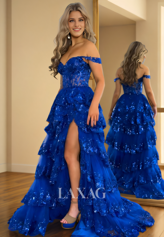 20710 - A Line Sweetheart Lace Appliques Long Formal Prom Dress with Slit