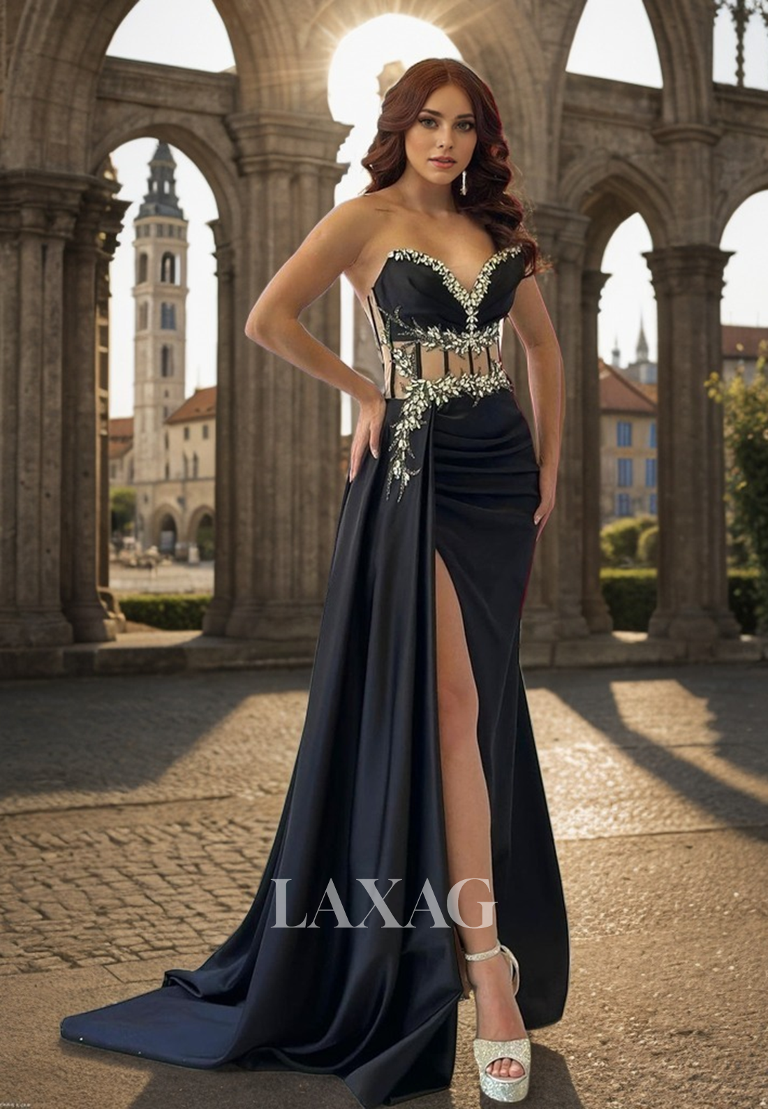 22114 - Sexy V-Neck Bone Bodice Beaded Draped Sleek Satin High Slit Prom Dress