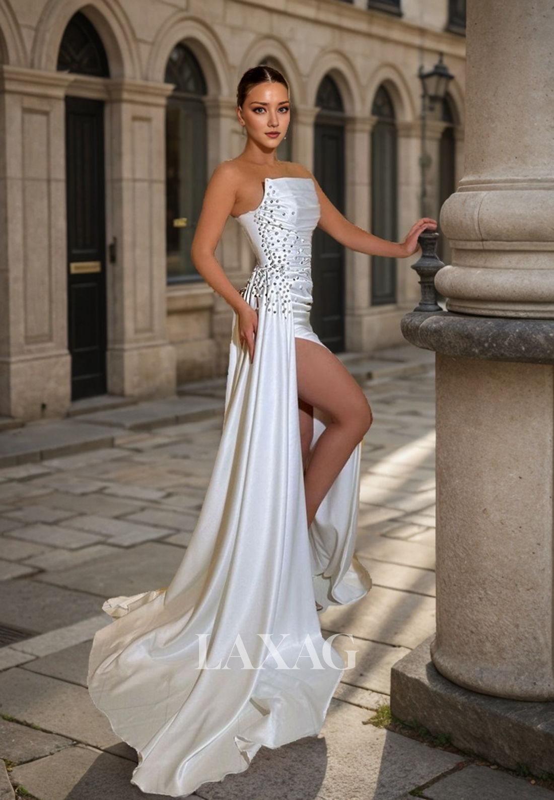 22109 - Straight Across Sleeveless Beaded Sleek Satin High Slit Prom Dress with Train