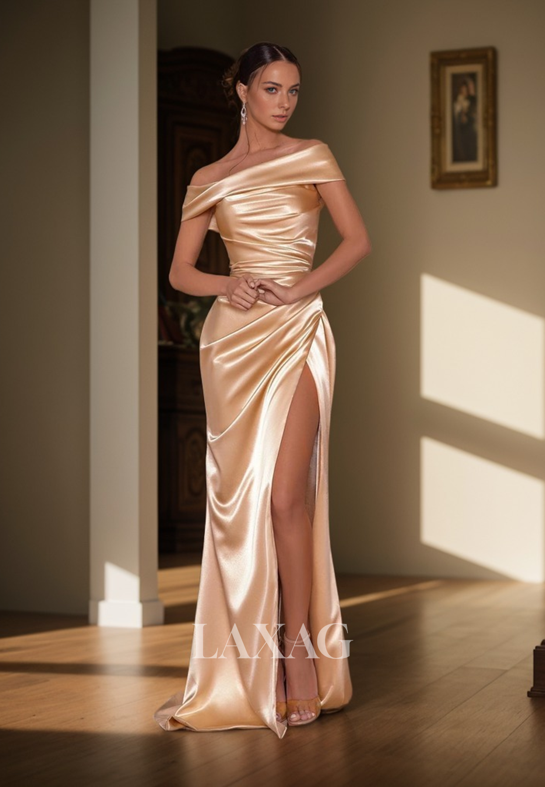 12727 - Off Shoulder High Split Pleated Champagne Prom Evening Dress