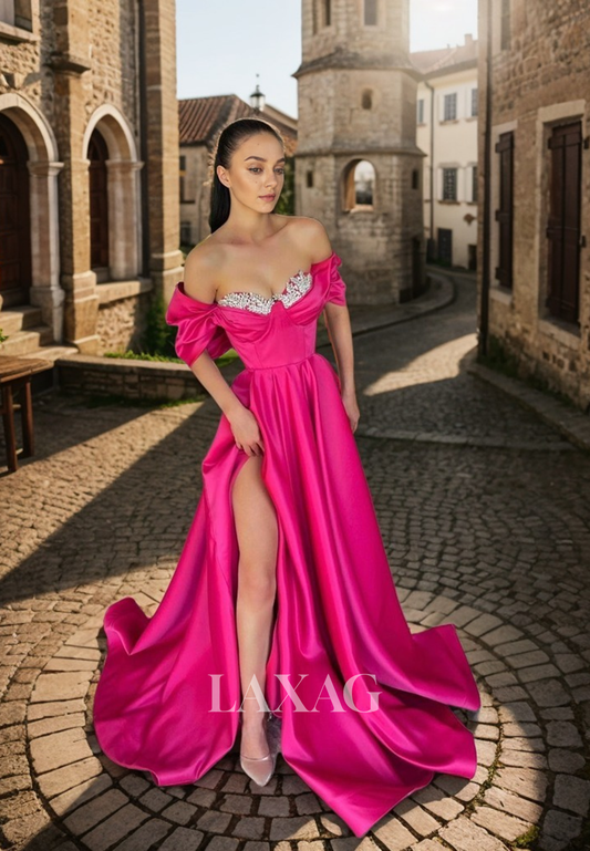 21915 - A Line Off Shoulder Satin Beads Pink Long Formal Prom Dress with Slit