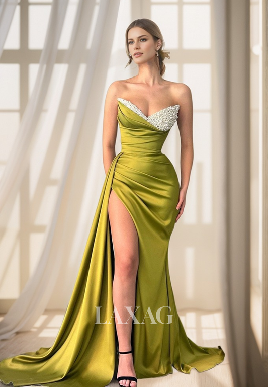 22104 - Sexy V-Neck Strapless Ruched Sleek Satin Beaded Prom Dress with High Slit