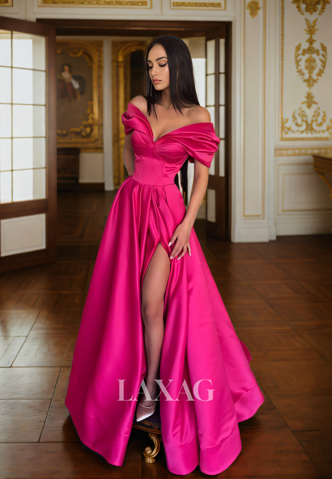 19741 - A Line Off Shoulder Satin Ruched Long Formal Prom Dress with Slit