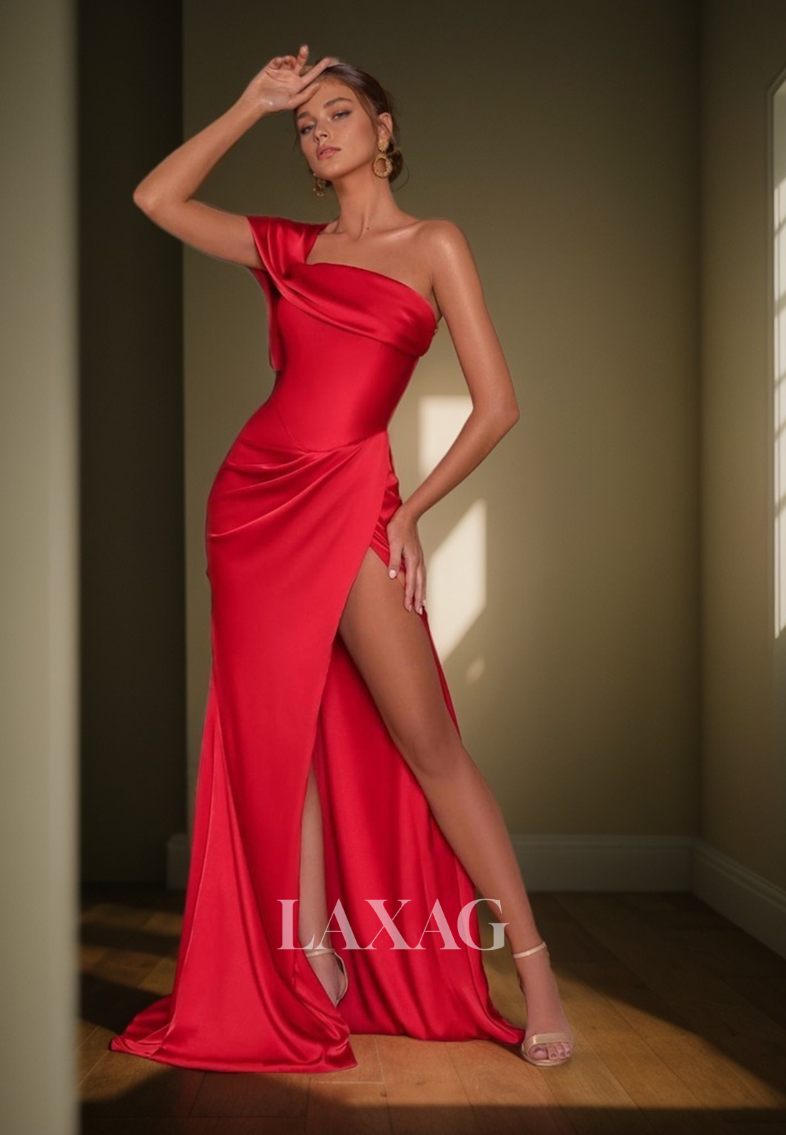 12751 - One Shoulder Open Back Sleeveless Split Sheath Red Prom Dress