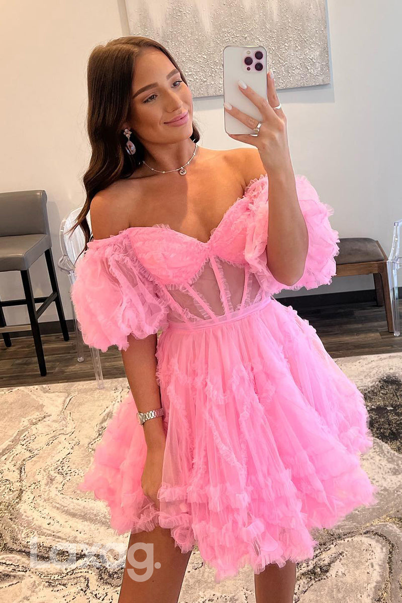 13146 - Pink Sweetheart Puff Sleeves Ruffles Ruched Homecoming Dress