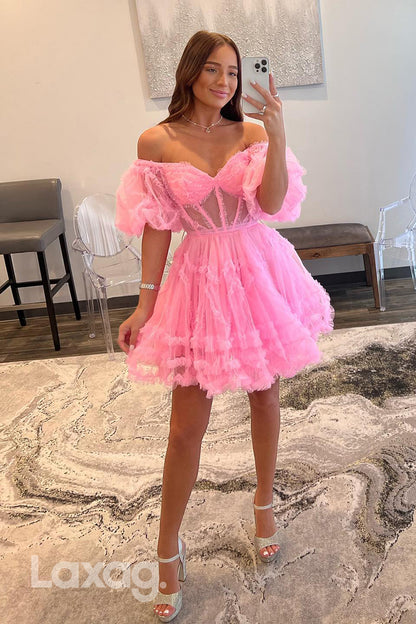 13146 - Pink Sweetheart Puff Sleeves Ruffles Ruched Homecoming Dress