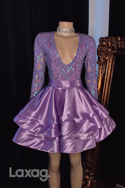 13150 - Purple Low V-Neck Glitter Ruched Sequined Homecoming Dress