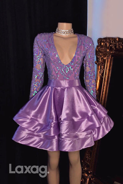 13150 - Purple Low V-Neck Glitter Ruched Sequined Homecoming Dress
