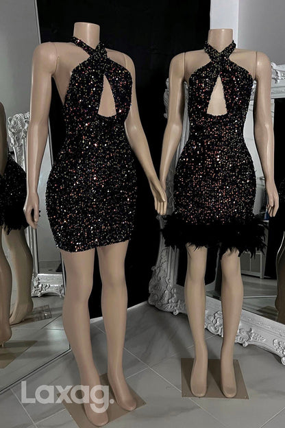 13155 - Black Detachable Feathers Glitter Halter Cut Outs Homecoming Dress