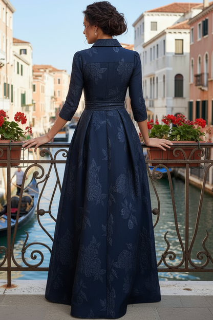 Collared 3/4-Sleeves Jacquard Satin Pleated Floor-Length A-Line Formal Cocktail Dress