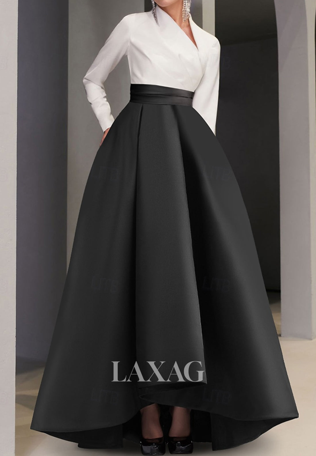 Asymmetrical-Neck Long Sleeves Evening Gowns Pleated Floor-Length Two Laxag Asymmetrical-Neck Long Sleeves Evening Gowns Pleated Floor-Length Two Laxag