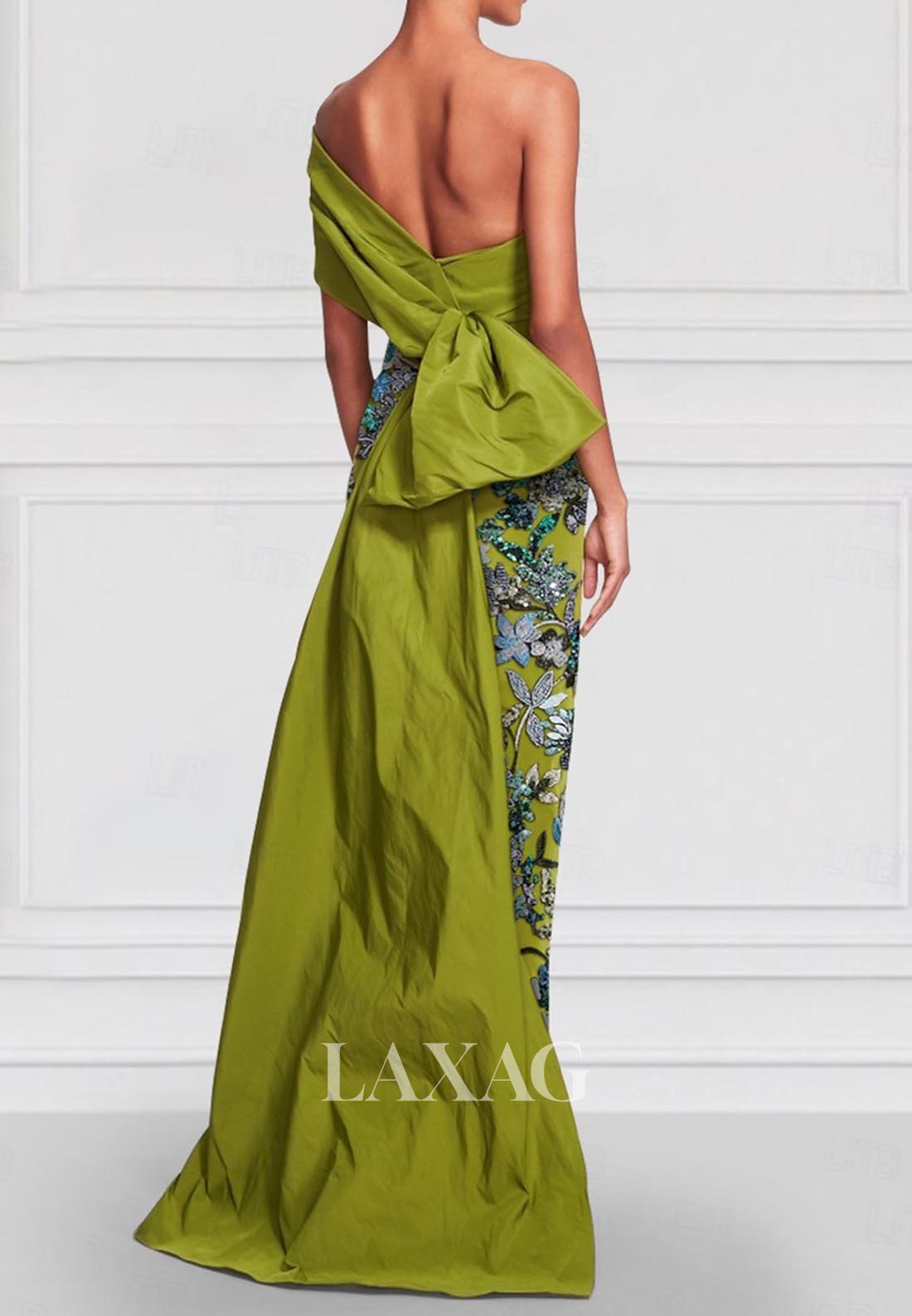 Off-Shoulder Asymmetrical-Neck Floral Embroidered Satin Ankle-Length M Laxag Off-Shoulder Asymmetrical-Neck Floral Embroidered Satin Ankle-Length M Laxag