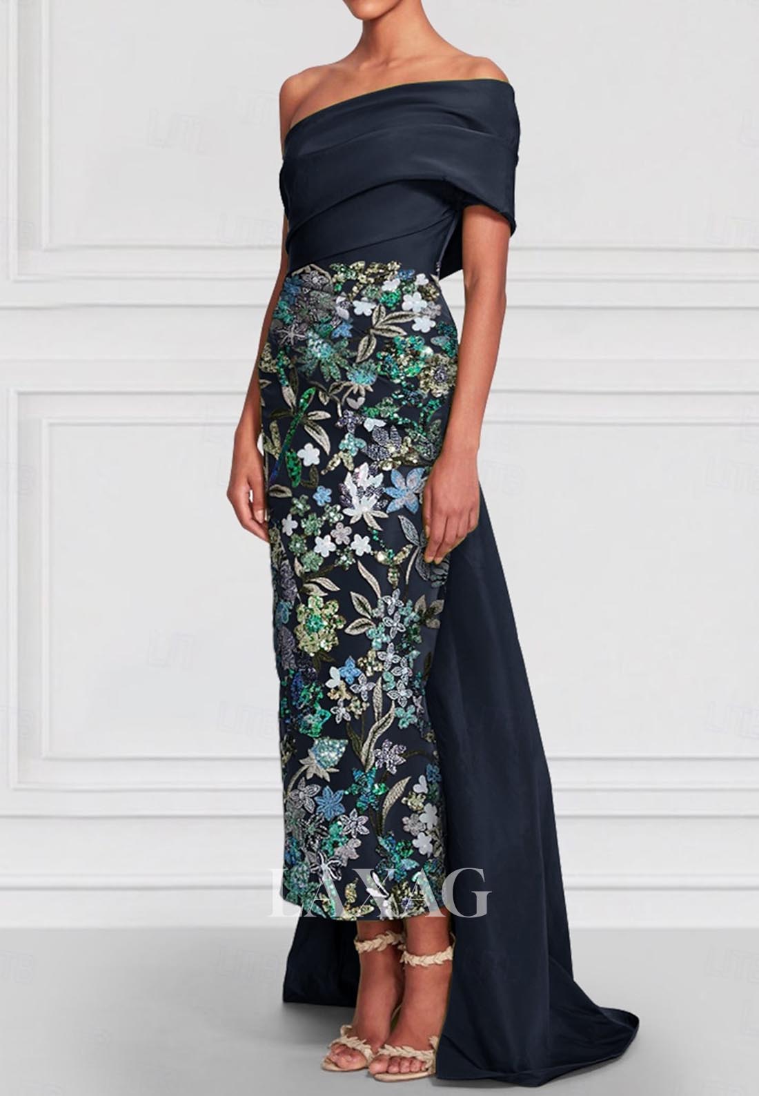 Off-Shoulder Asymmetrical-Neck Floral Embroidered Satin Ankle-Length M – Laxag