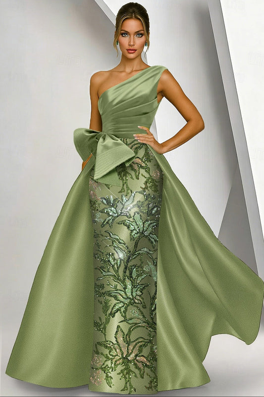 Asymmetrical-Neck Sleeveless Sequined Satin Pleated Mermaid Evening Dress with Overskirt