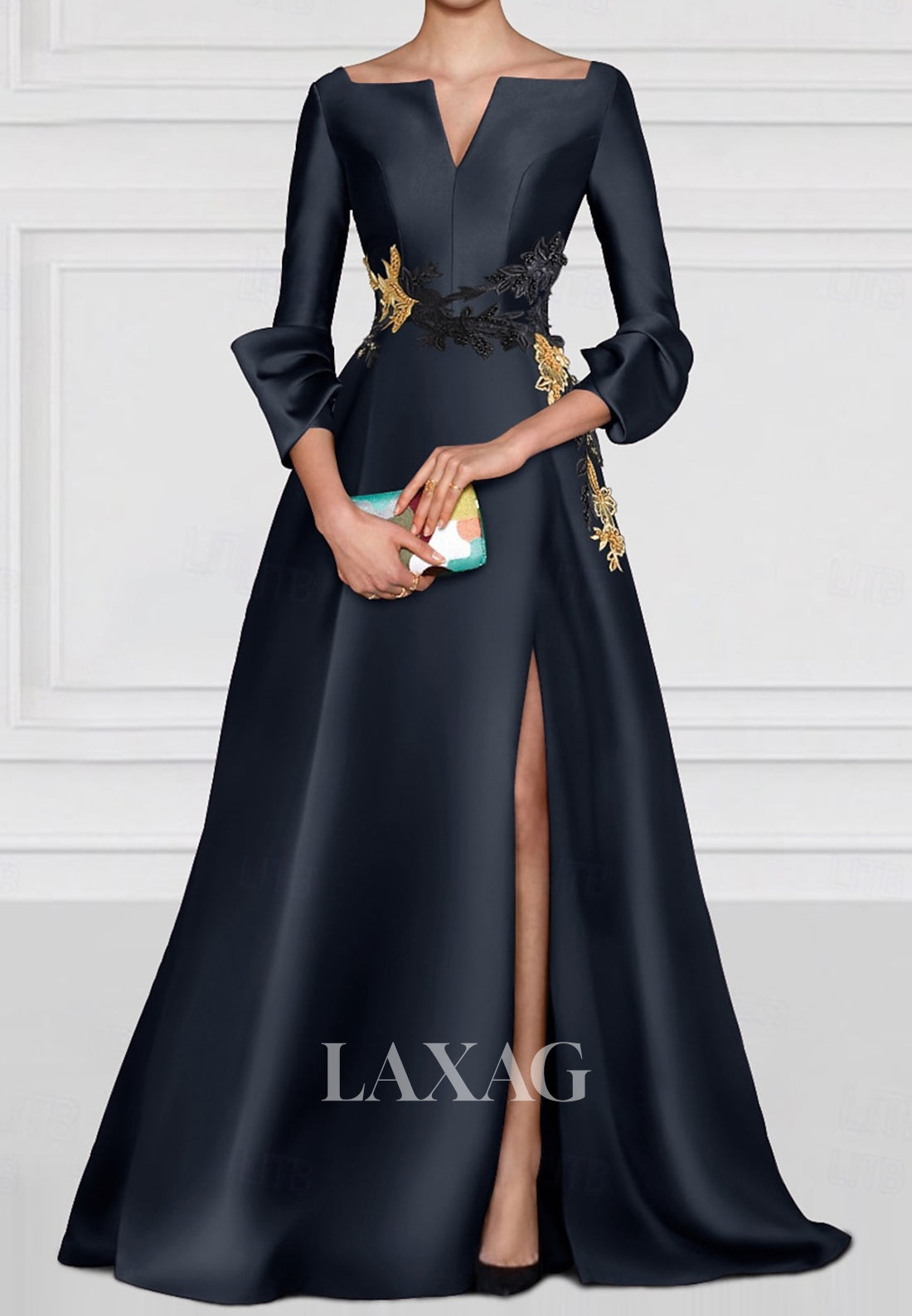 A-Line V-Neck Long Sleeves Floor-Length Wedding Guest Dress Embroidered Pleated Satin Evening Gowns with High Slit