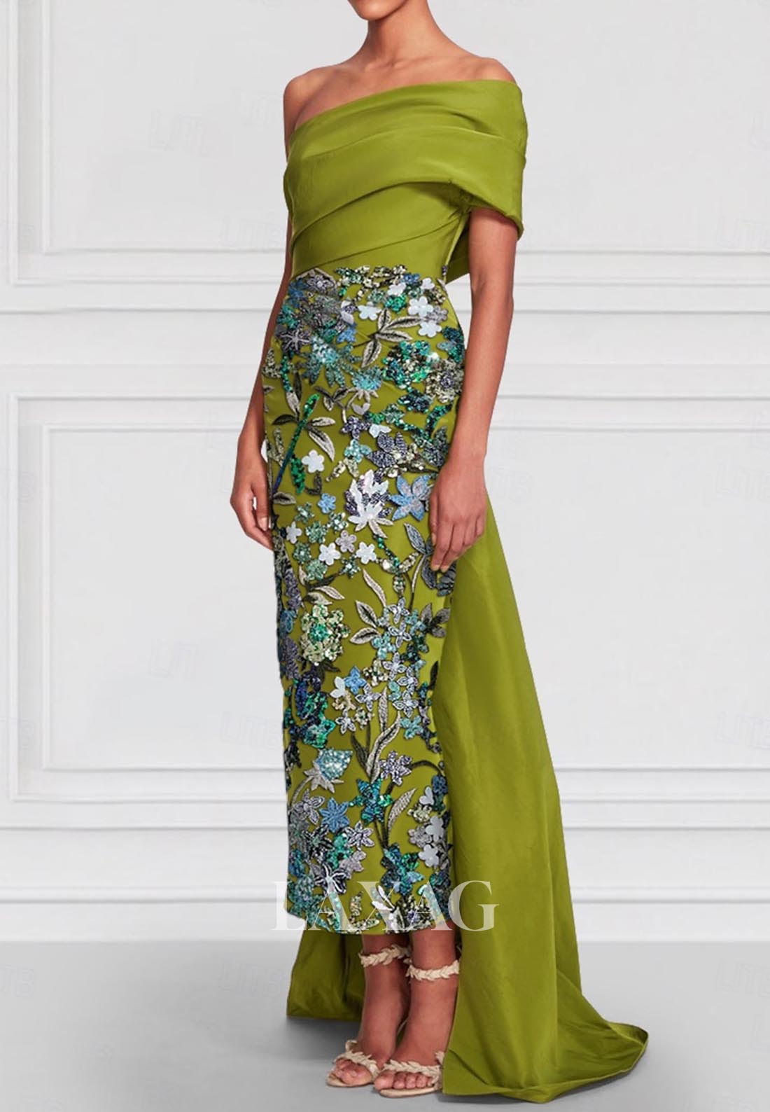 Off-Shoulder Asymmetrical-Neck Floral Embroidered Satin Ankle-Length M Laxag Off-Shoulder Asymmetrical-Neck Floral Embroidered Satin Ankle-Length M Laxag