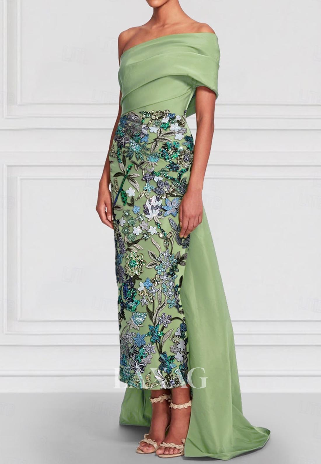 Off-Shoulder Asymmetrical-Neck Floral Embroidered Satin Ankle-Length M Laxag Off-Shoulder Asymmetrical-Neck Floral Embroidered Satin Ankle-Length M Laxag
