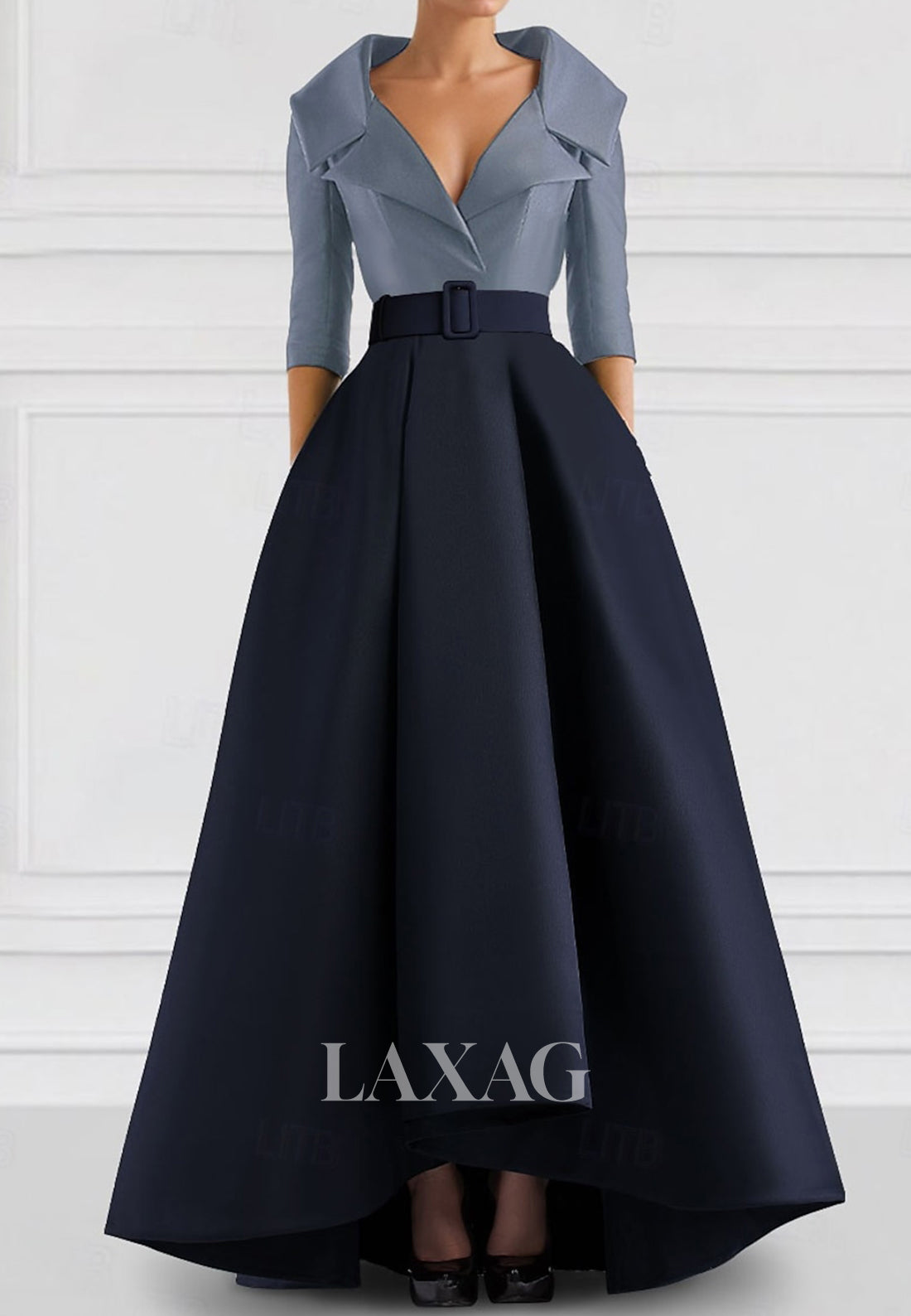 Half-Sleeves V-Neck Two Tone A-Line Wedding Guest Dress Pleated Satin Laxag Half-Sleeves V-Neck Two Tone A-Line Wedding Guest Dress Pleated Satin Laxag