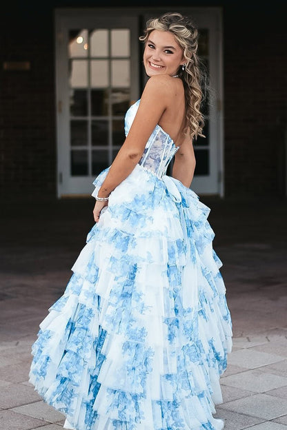 A-Line Halter V-Neck Sleeveless Beaded Print-Chiffon Pleated Tiered Long A-Line Prom Dress