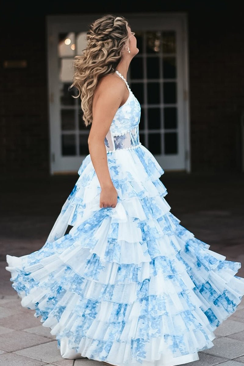 A-Line Halter V-Neck Sleeveless Beaded Print-Chiffon Pleated Tiered Long A-Line Prom Dress