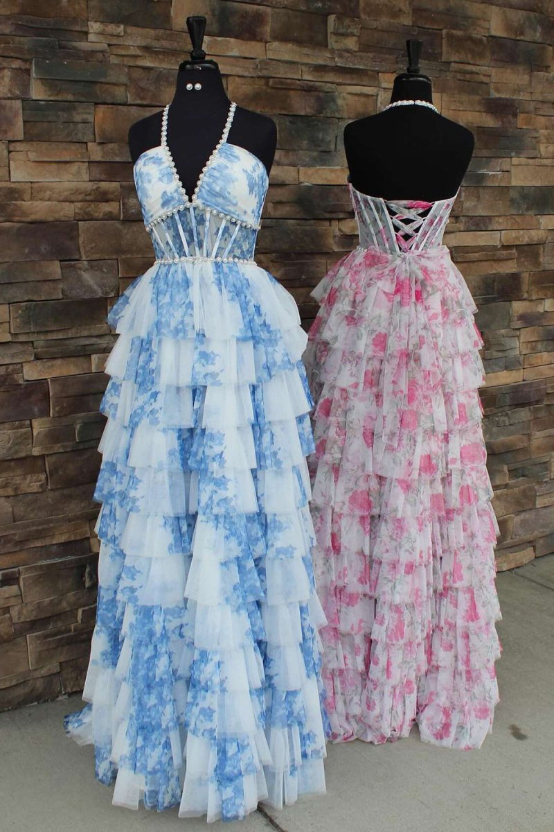 A-Line Halter V-Neck Sleeveless Beaded Print-Chiffon Pleated Tiered Long A-Line Prom Dress