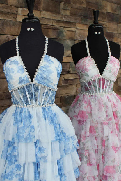 A-Line Halter V-Neck Sleeveless Beaded Print-Chiffon Pleated Tiered Long A-Line Prom Dress