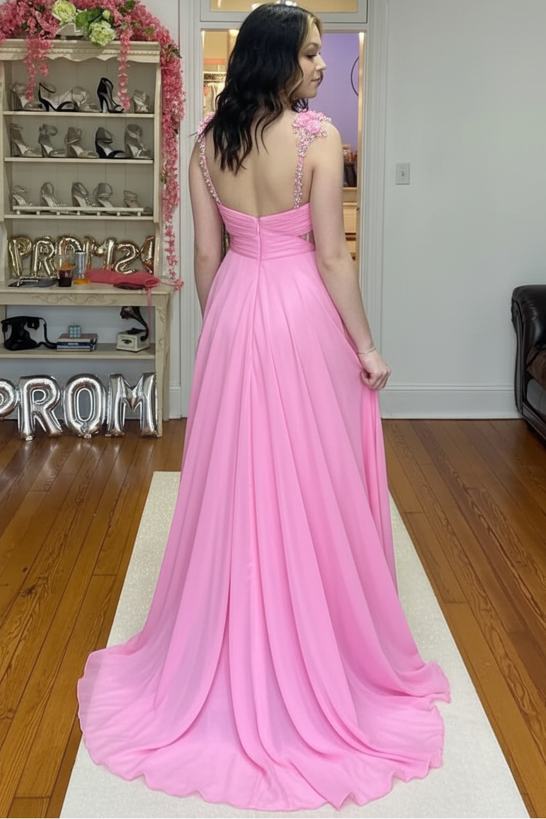V-Neck Spaghetti Straps Floor-length Beaded Pleated Chiffon A-Line Prom Dress