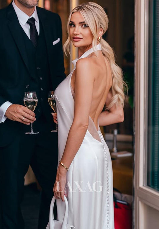 Halter-Neck Off-Shoulder Blackless Bride Gowns Sleeveless Sweep Train Satin Mermaid Wedding Dress