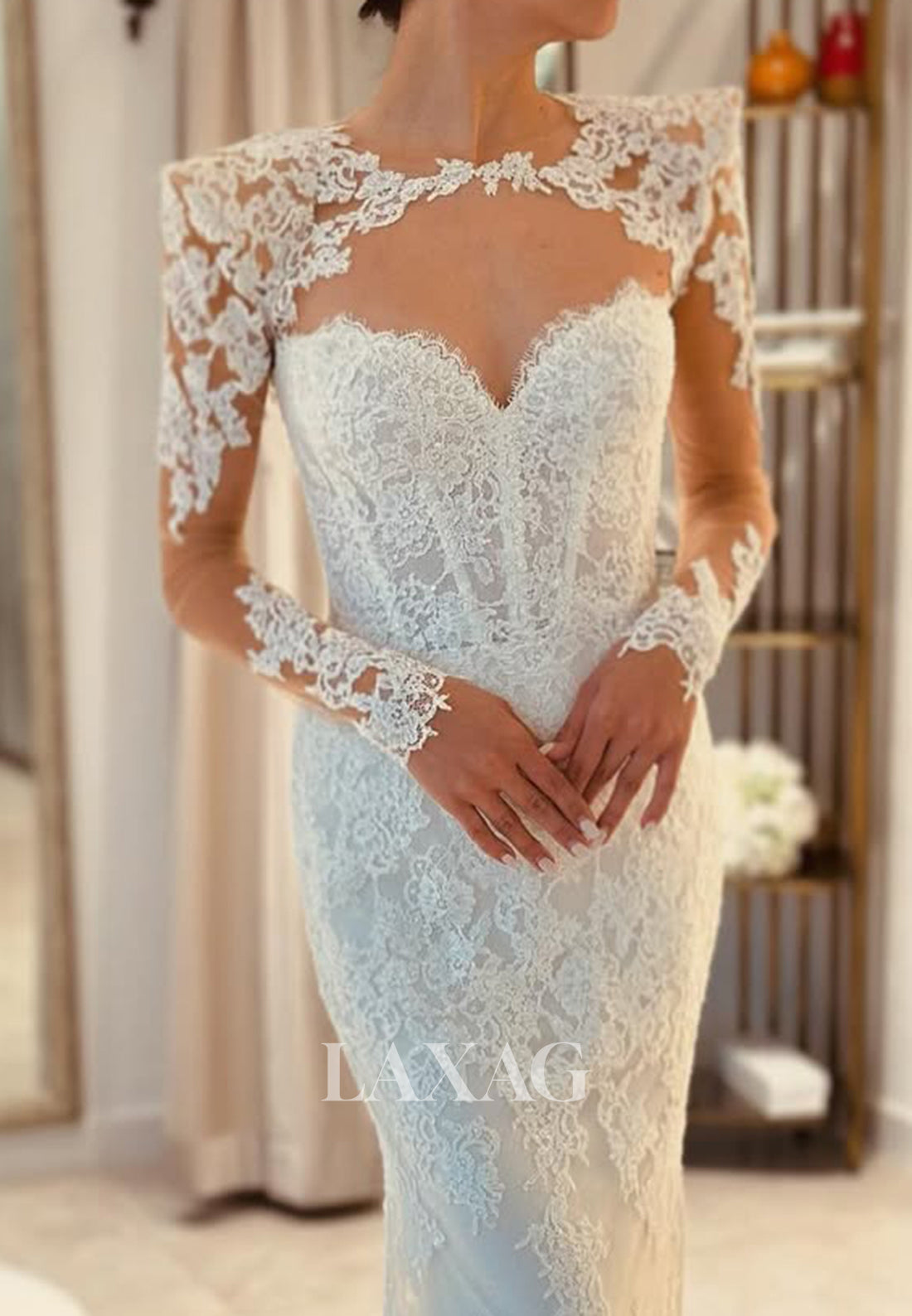 Sweetheart Long-Sleeves Pleated Bride Gowns Scoop-Neck Allover Lace Mermaid Wedding Dress