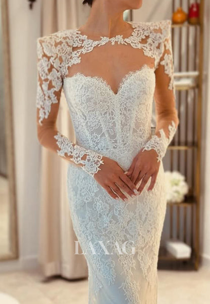 Sweetheart Long-Sleeves Pleated Bride Gowns Scoop-Neck Allover Lace Mermaid Wedding Dress