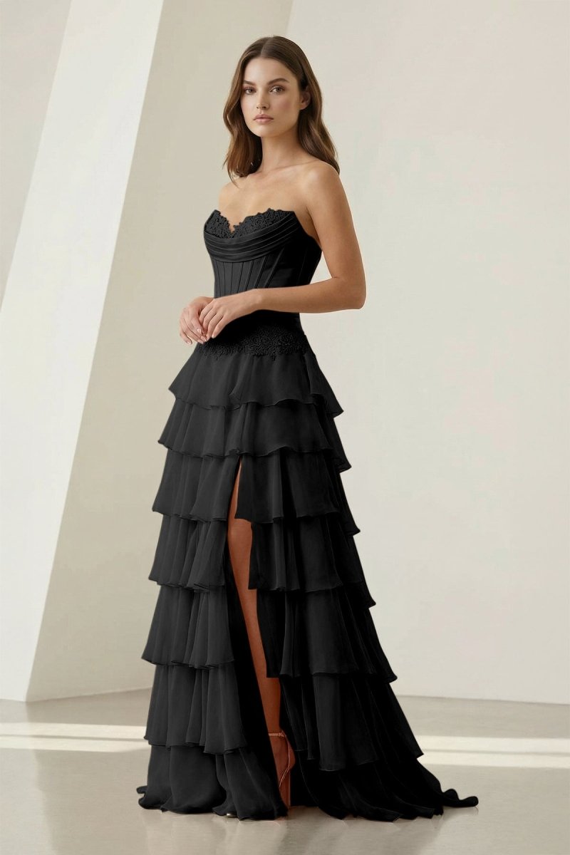 Sweetheart Chiffon Tiered A-Line Prom Dress Off-Shoulder Sleeveless Applique Party Gowns