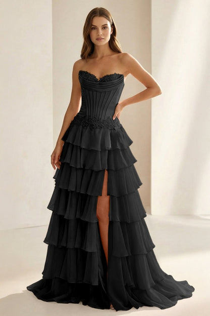 Sweetheart Chiffon Tiered A-Line Prom Dress Off-Shoulder Sleeveless Applique Party Gowns